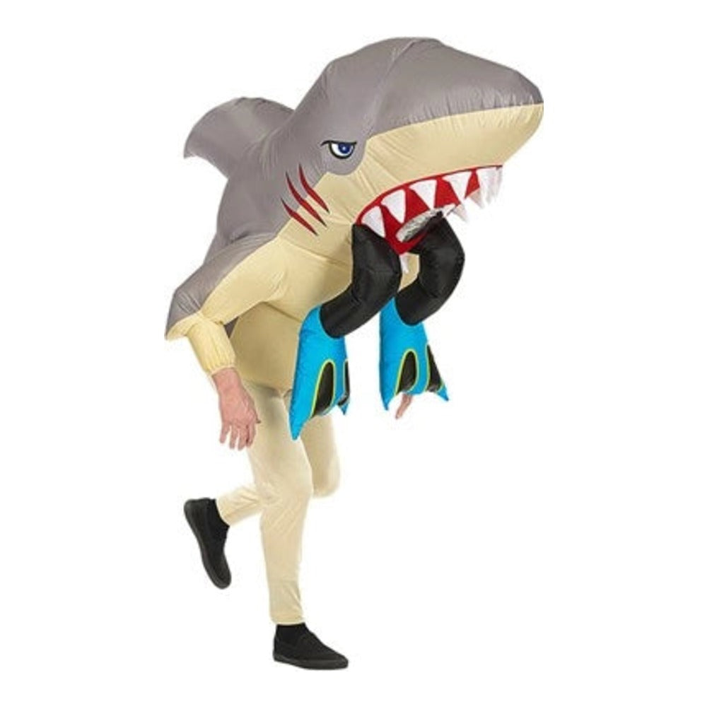 Adult Inflatable Shark Attack Costume with oversized airblown inflatable shark suit and battery fan