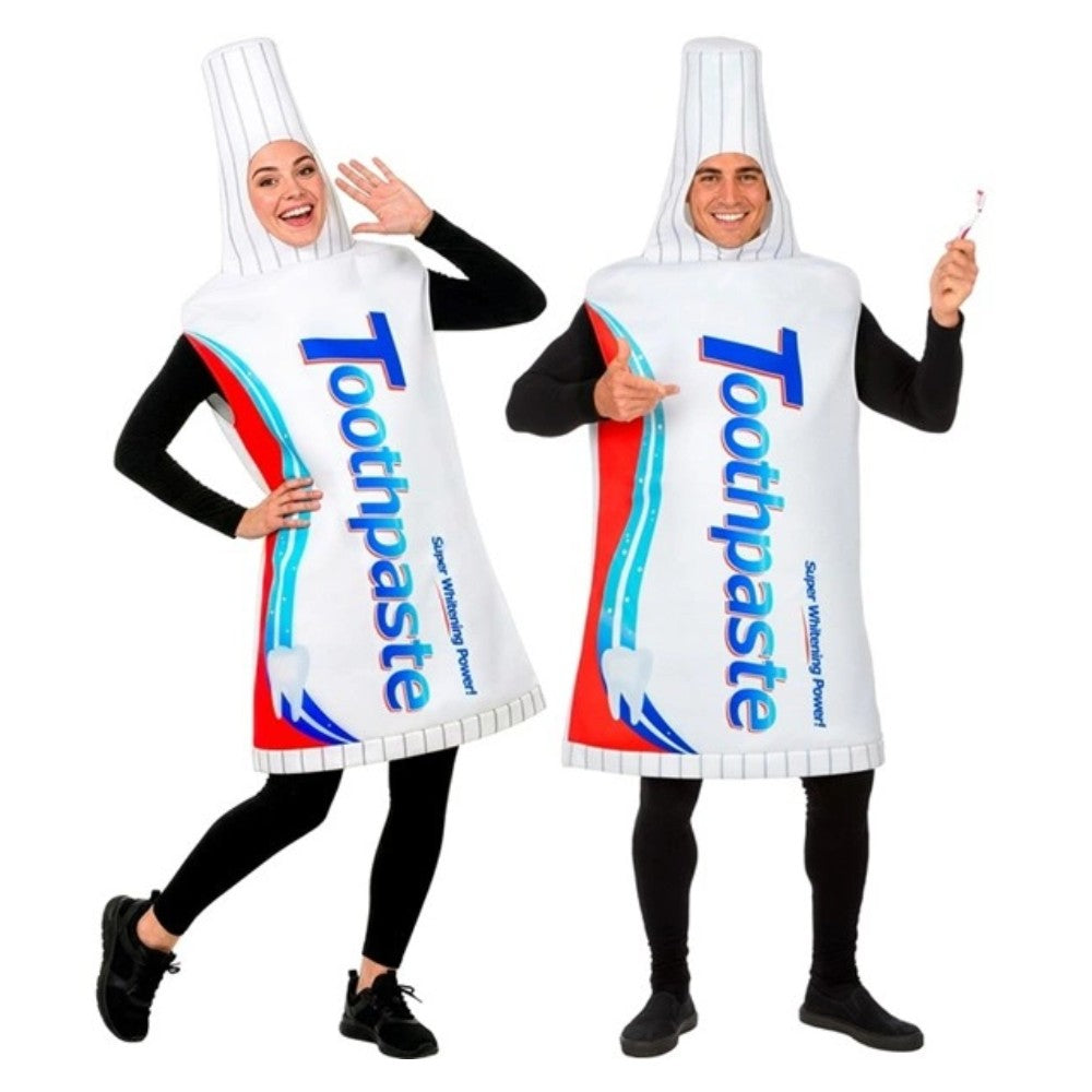 Adults Toothpaste Tube Costume — A padded tabard-style tunic shaped and printed as a squeezed tube of toothpaste, with a screw cap at