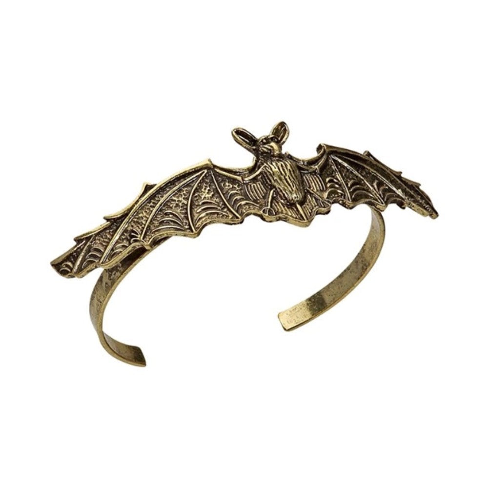 Antiqued Gold Bat Bracelet — A gold-tone metal bracelet built around a bat with its wings spread across the wrist.