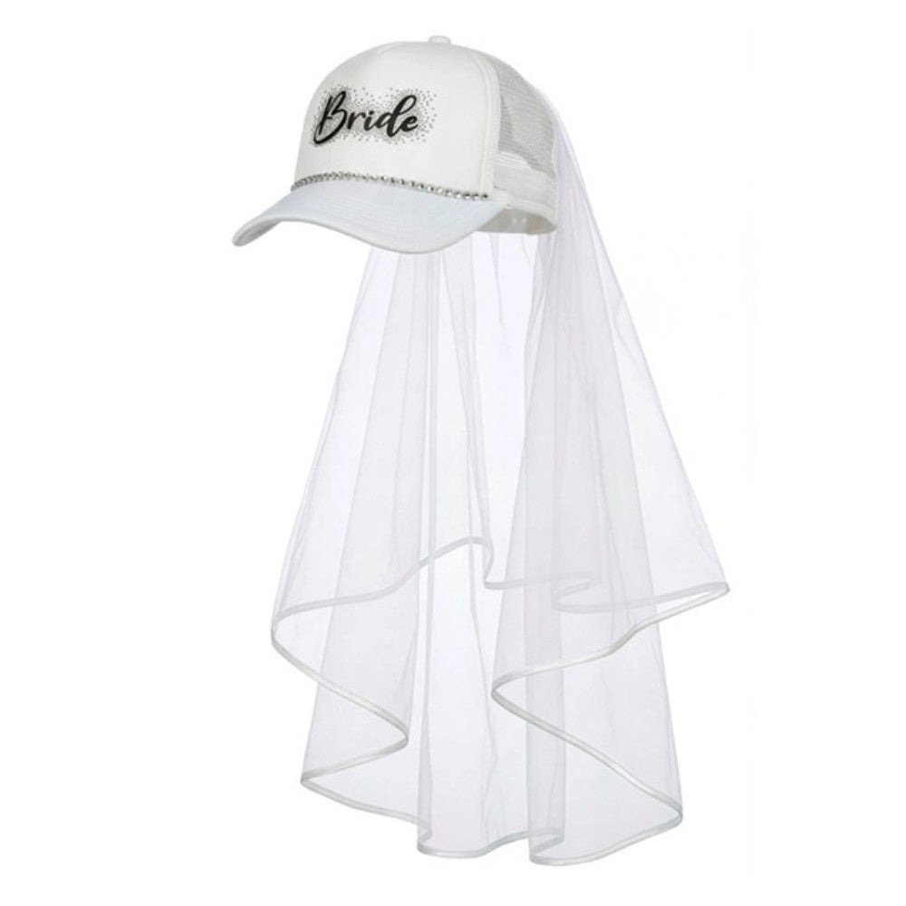 Bride Cap with Veil and Diamantes — A white polyester baseball cap with diamante detailing and a short net veil fixed to the back of the