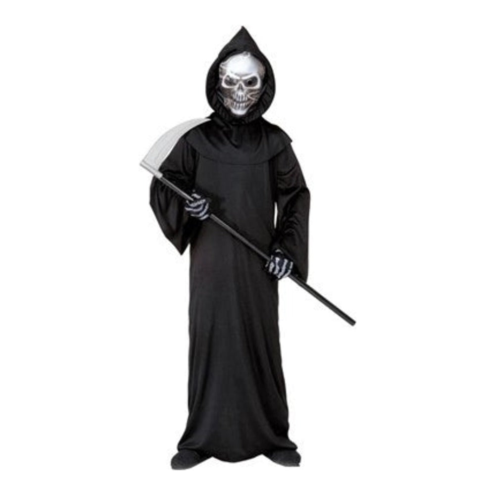 Kids Holographic Reaper Costume with black robe, hooded holographic skull mask and bone gloves