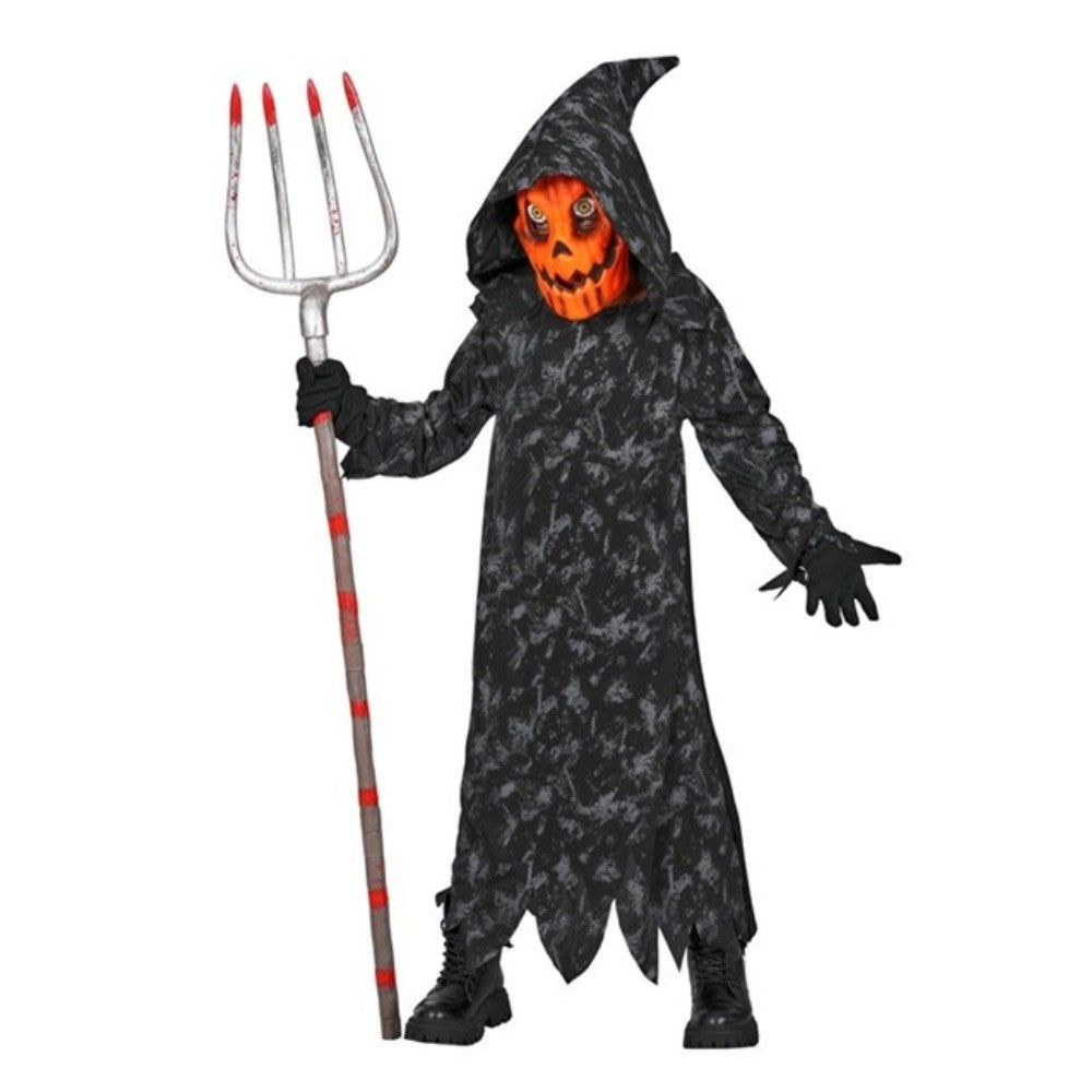 Kids Pumpkin Reaper Costume with floor-length hooded robe and pumpkin mask