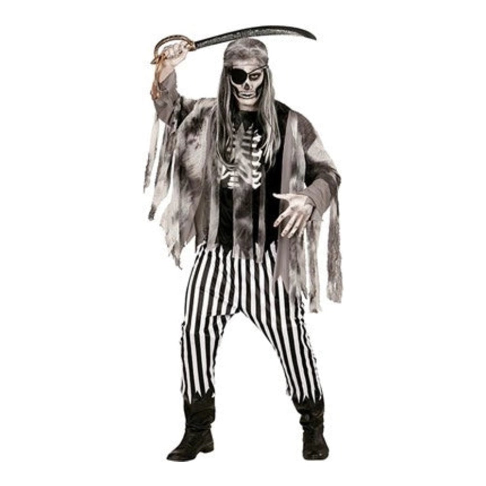 Men's Ghost Ship Pirate Costume with shirt with printed bone chest, tattered jacket and striped trousers