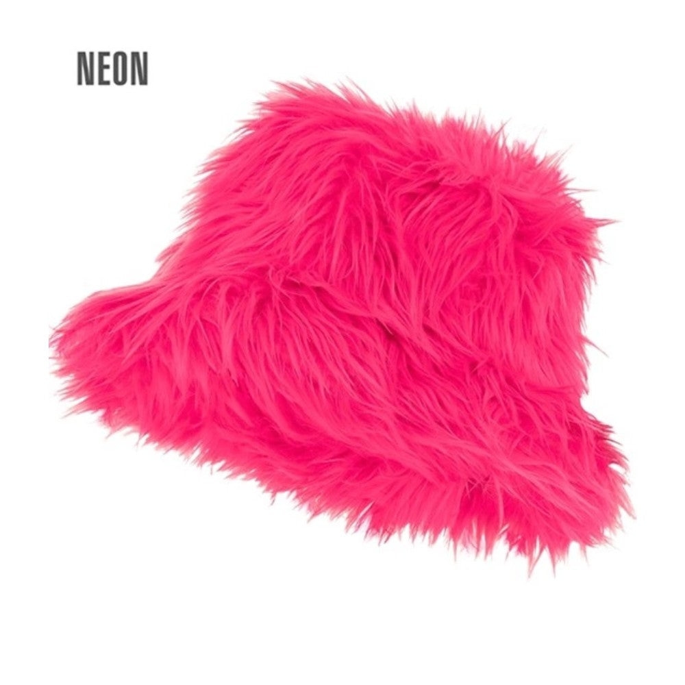 Neon pink faux fur plush bucket hat
