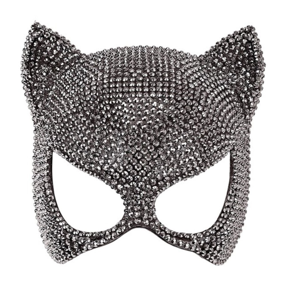 Rhinestone Cat Eye Mask — A black cat eye mask with pointed ears and clear rhinestones set around the eye openings and along t