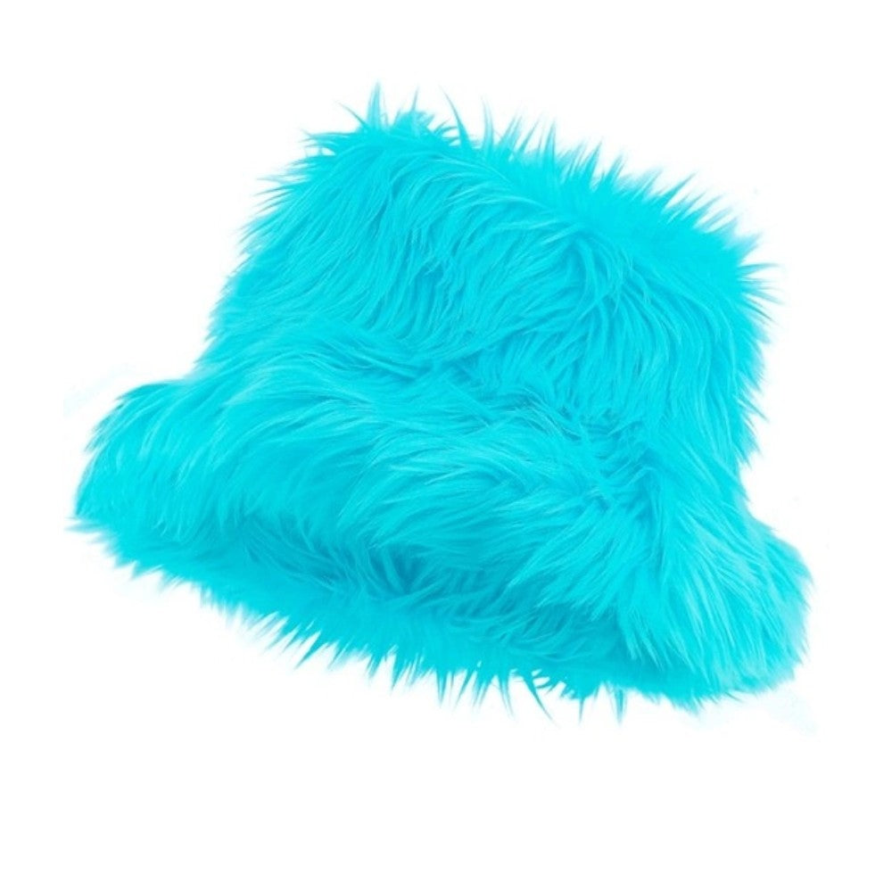 Turquoise Plush Bucket Hat — A fluffy turquoise bucket hat in soft polyester and acrylic plush, with a full brim all the way roun