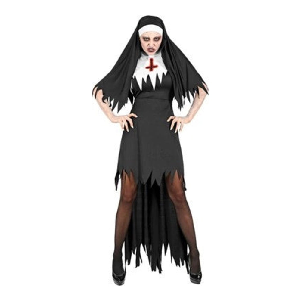 Women's Horror Nun Costume with black habit dress, tattered overskirt and nun headpiece with cross