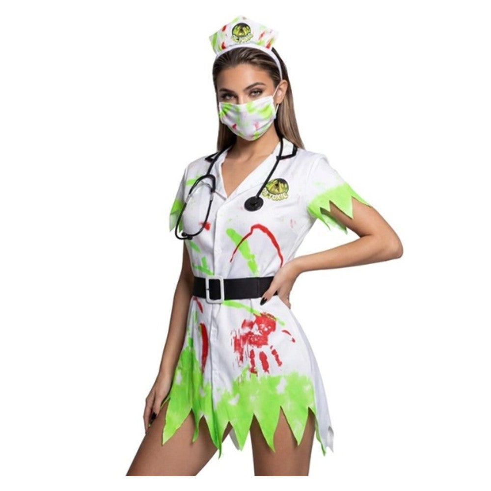 Women's Toxic Nurse Costume with nurse dress, belt, headpiece, face mask and stethoscope