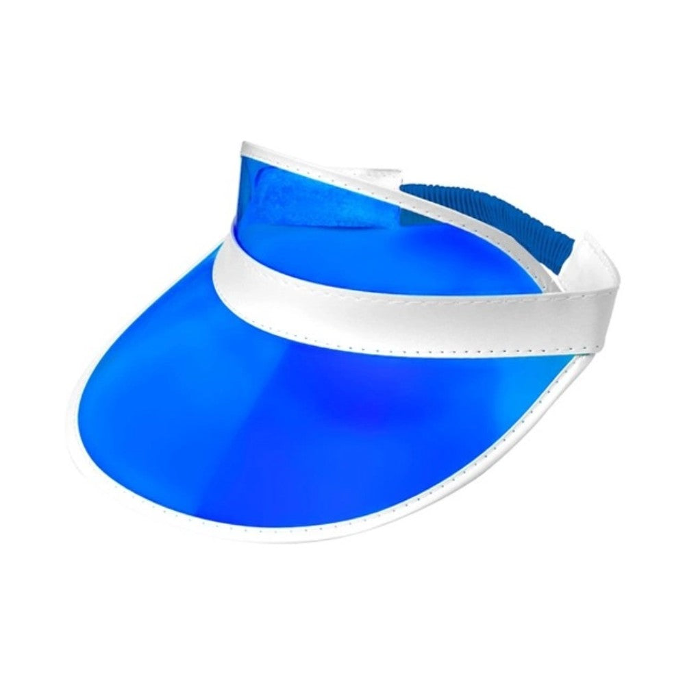 80s Blue Sun Visor — A blue sun visor with a see-through tinted peak and an open top, in the eighties beach and aerobics 