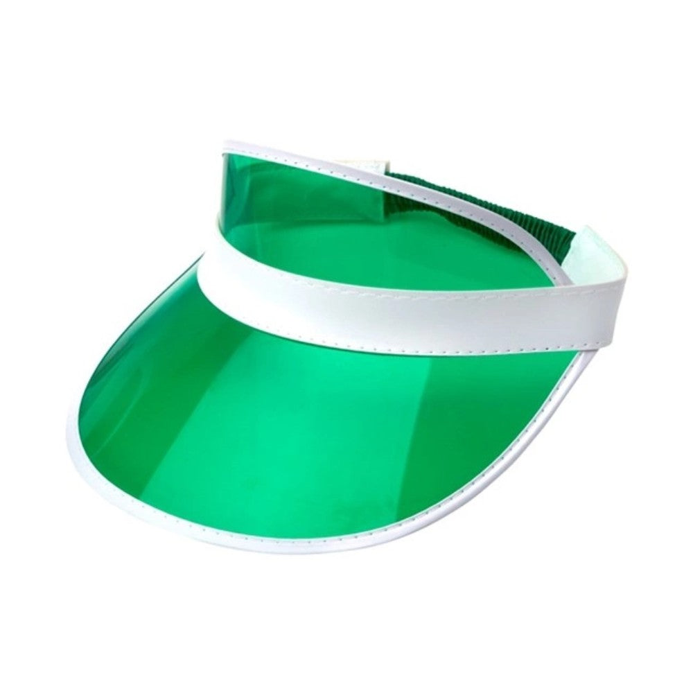 80s Green Sun Visor — A green sun visor with a translucent tinted peak and an open crown, adjusting at the back.