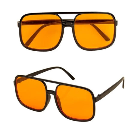90s Hip Hop Glasses with Orange Lenses — A pair of small oval nineties-style glasses with slim frames and bright orange tinted lenses.