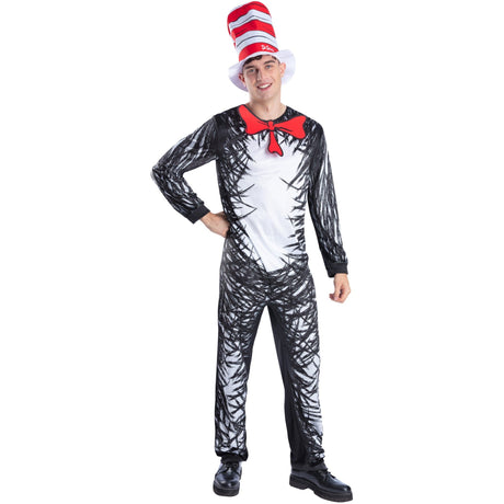 Adult Dr Seuss Cat in the Hat costume with printed jumpsuit, red bow tie and striped tall hat