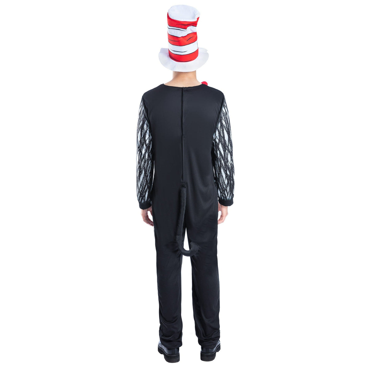 Adult Dr Seuss Cat in the Hat costume shown from the back