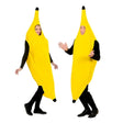 Adults Banana Costume — A yellow foam-backed tunic shaped as a curved banana, with a brown stalk at the crown and openings f