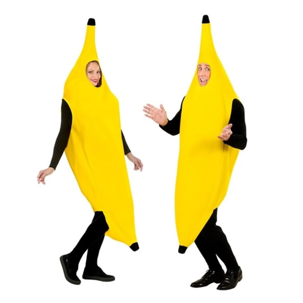 Adults Banana Costume — A yellow foam-backed tunic shaped as a curved banana, with a brown stalk at the crown and openings f