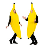 Adults Banana Costume — A yellow foam-backed tunic shaped as a curved banana, with a brown stalk at the crown and openings f