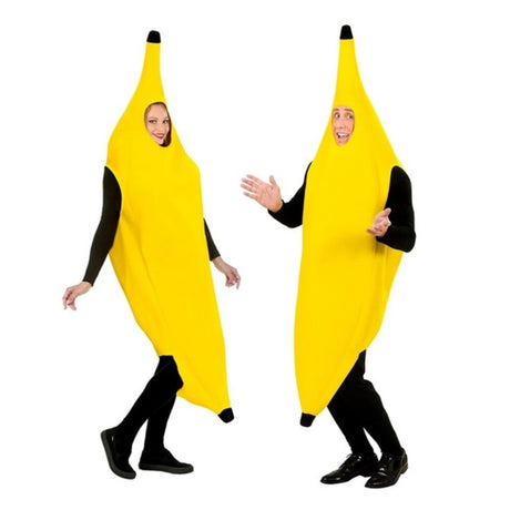 Adults Banana Costume — A yellow foam-backed tunic shaped as a curved banana, with a brown stalk at the crown and openings f
