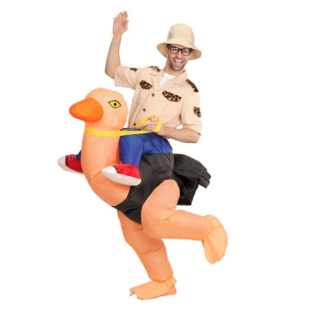 Adults Inflatable Explorer on an Ostrich Costume — An airblown costume that inflates into a full-size ostrich with a pair of dummy explorer's legs stra