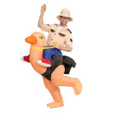 Adults Inflatable Explorer on an Ostrich Costume — An airblown costume that inflates into a full-size ostrich with a pair of dummy explorer's legs stra