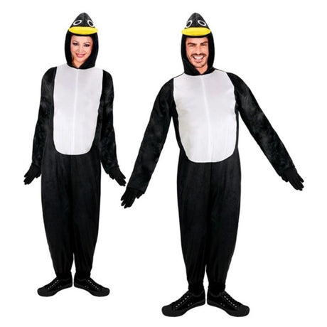 Adults Penguin Costume — A black and white hooded jumpsuit with a white belly panel, small wings at the sides and a penguin f