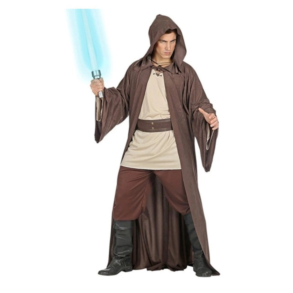 Adults Space Warrior Costume — A dark layered outfit of a long hooded coat over a shirt and trousers, held with a wide belt, for a 