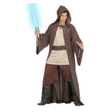 Adults Space Warrior Costume — A dark layered outfit of a long hooded coat over a shirt and trousers, held with a wide belt, for a 