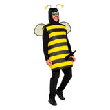 Adults Stinger Bee Costume — A black and yellow striped hooded coat with a pair of clip-on wings at the back and a set of bug-eye