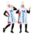 Adults Toothpaste Tube Costume — A padded tabard-style tunic shaped and printed as a squeezed tube of toothpaste, with a screw cap at