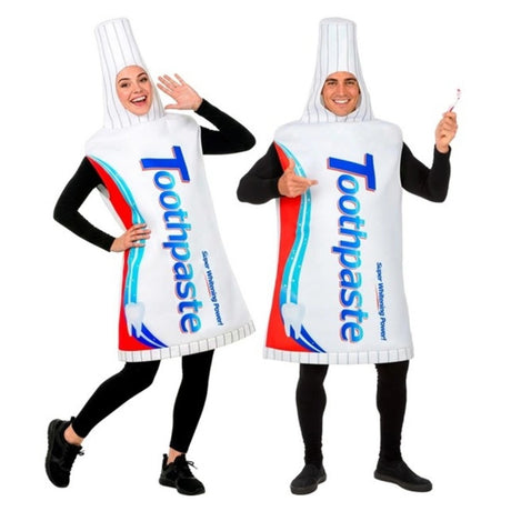 Adults Toothpaste Tube Costume — A padded tabard-style tunic shaped and printed as a squeezed tube of toothpaste, with a screw cap at
