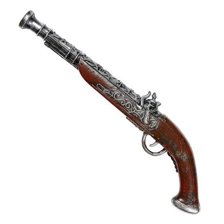 Antique Pirate Flintlock Pistol — A larger flintlock-style pistol, 43cm from butt to muzzle, moulded in dark brown with gold and silve