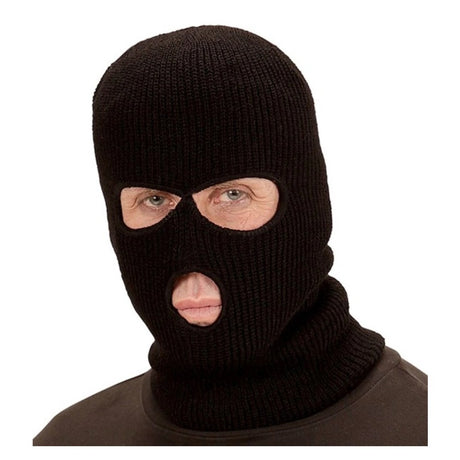 Black Balaclava Mask — A plain black polyester balaclava that pulls over the head, leaving the eyes and mouth open.