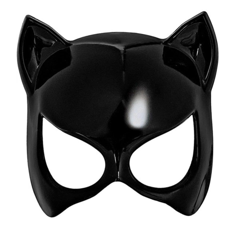Black Cat Eye Mask — A glossy black eye mask with pointed cat ears rising from the top edge and almond-shaped cut-out eye