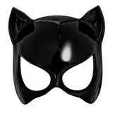 Black Cat Eye Mask — A glossy black eye mask with pointed cat ears rising from the top edge and almond-shaped cut-out eye