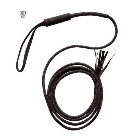 Black Coiled Whip — A long black plaited whip, just over two metres, with a moulded handle and a braided plastic lash.
