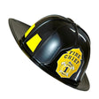 Black Fireman's Helmet — A black hard plastic fire helmet with a raised ridge over the crown and an extended brim sweeping do