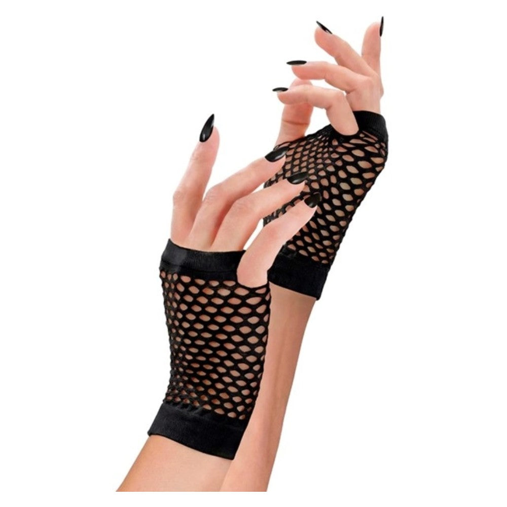 Black Fishnet Fingerless Gloves — A pair of open-weave black fishnet gloves that stop at the knuckles and leave the fingers free.