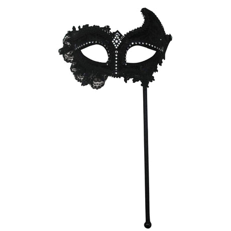Black Lace Masquerade Mask on a Stick