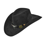 Black Suede Look Cowboy Hat — A black cowboy hat in soft suede-look polyester, with a deep creased crown and a wide brim turned up
