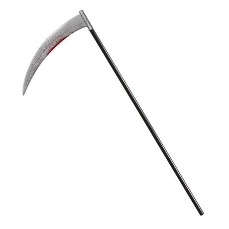 Bloody Scythe — A 107cm scythe with a black shaft and a curved silver-effect blade marked with dark red blood.