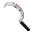 Bloody Sickle — A 45cm sickle with a tightly curved silver-effect blade, a dark handle and red blood across the meta