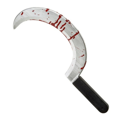 Bloody Sickle — A 45cm sickle with a tightly curved silver-effect blade, a dark handle and red blood across the meta