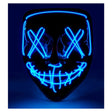Blue LED Horror Mask — A hard full-face mask with a stretched, hollow-eyed expression, picked out in cold blue LED lines.