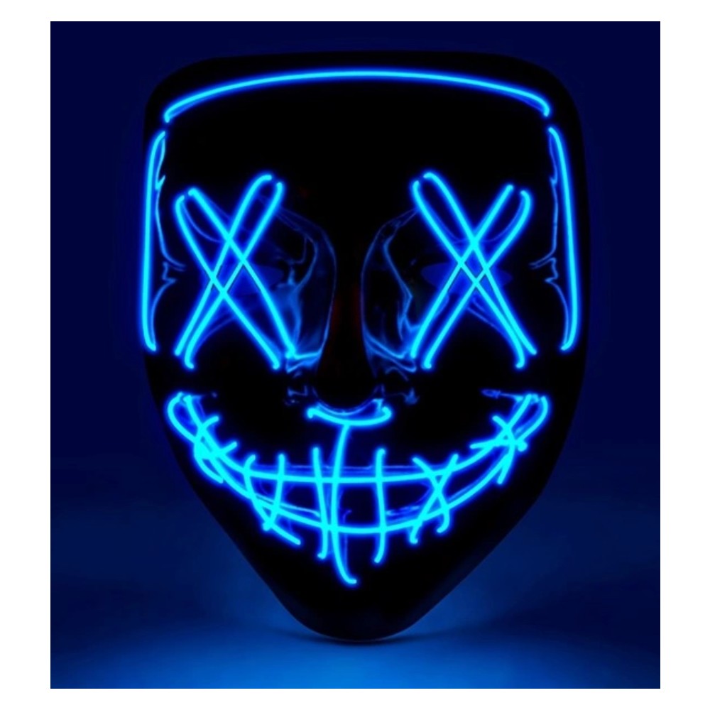 Blue LED Horror Mask — A hard full-face mask with a stretched, hollow-eyed expression, picked out in cold blue LED lines.