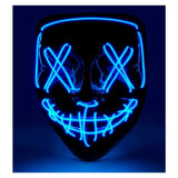 Blue LED Horror Mask — A hard full-face mask with a stretched, hollow-eyed expression, picked out in cold blue LED lines.