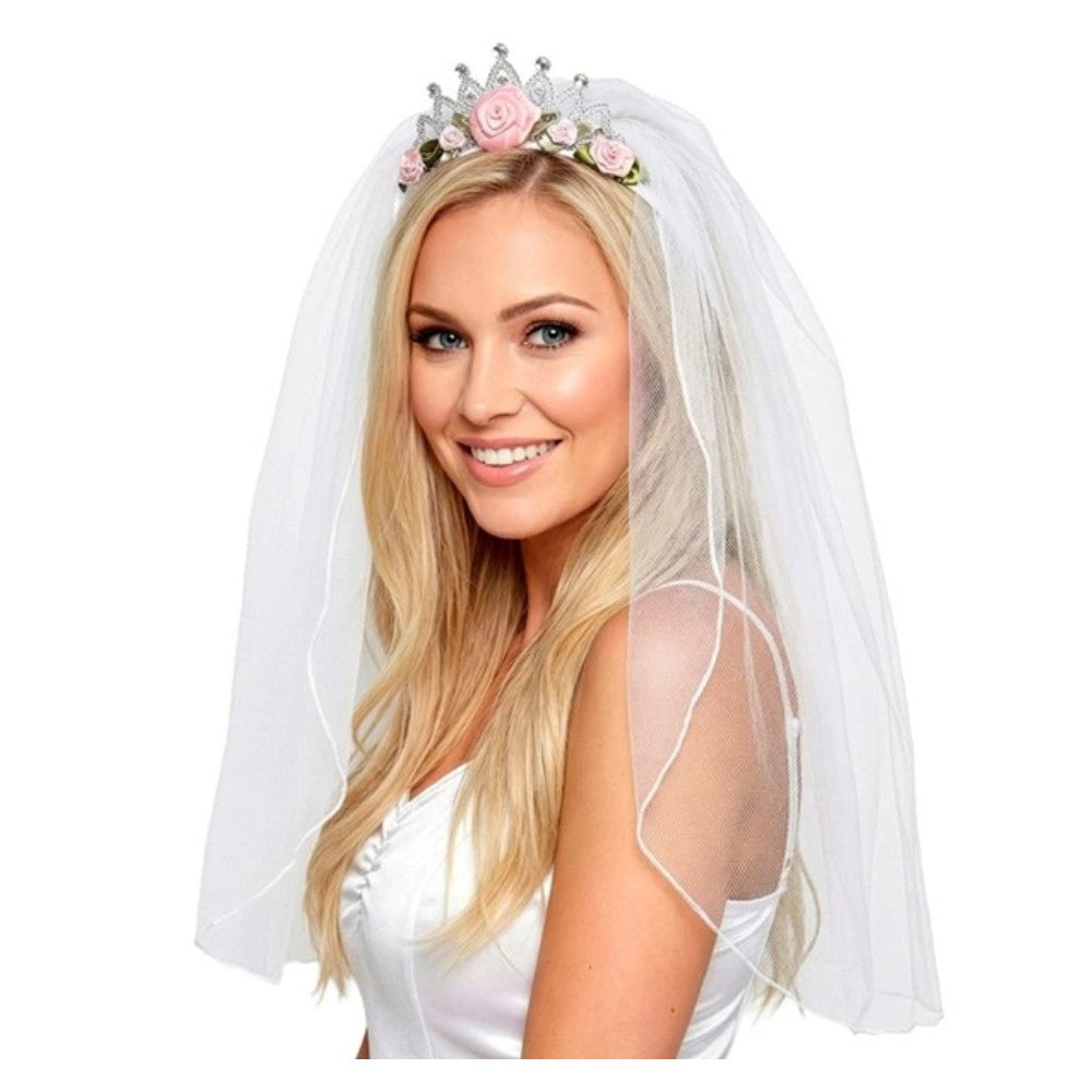 Bridal Veil Tiara with Roses and Diamantes — A slim tiara band trimmed with fabric roses and clear diamante stones, with a sheer white veil attac