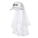 Bride Cap with Veil and Diamantes — A white polyester baseball cap with diamante detailing and a short net veil fixed to the back of the
