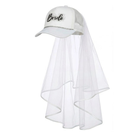 Bride Cap with Veil and Diamantes — A white polyester baseball cap with diamante detailing and a short net veil fixed to the back of the