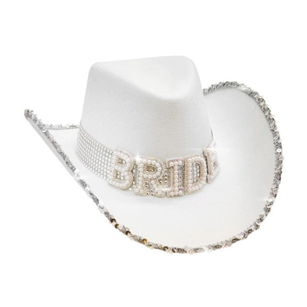 Bride Hat with Pearls — A white polyester hat with a shaped brim and imitation pearls set around the band.