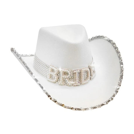 Bride Hat with Pearls — A white polyester hat with a shaped brim and imitation pearls set around the band.