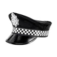 British Police Helmet — A black custodian style police helmet with a domed top, a narrow brim and a badge at the front.